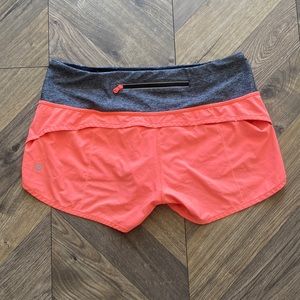Coral/Orange and Grey Lululemon Women’s Running Shorts—Size 6